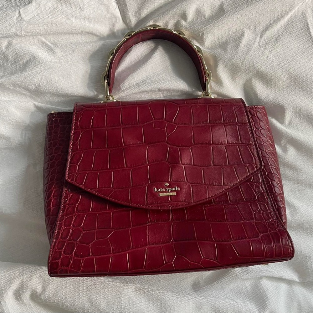kate spade Burgundy Croc-Embossed Satchel with Gold Hardware